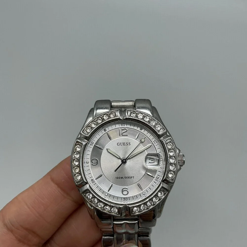 Guess Waterpro Womens Watch 35mm Silver Dial Crystal Bezel New Battery 6.25